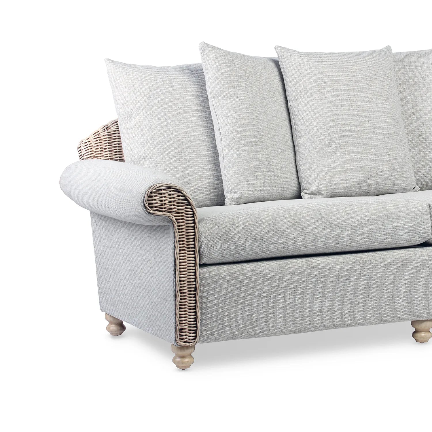 Desser Samford Rattan 3 Seater Sofa with Scatter Cushions in Pebble Fabric. Also available in 2 Seater, Swivel Chair, Swivel Rocker, Armchair and Footstool. Style with matching Coffee Table and Lamp Table. Choose from a variety of fabrics - Arm Detail