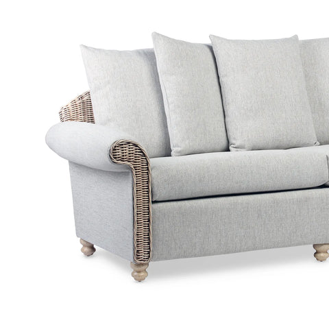 Desser Samford Rattan 3 Seater Sofa with Scatter Cushions in Pebble Fabric. Also available in 2 Seater, Swivel Chair, Swivel Rocker, Armchair and Footstool. Style with matching Coffee Table and Lamp Table. Choose from a variety of fabrics - Arm Detail