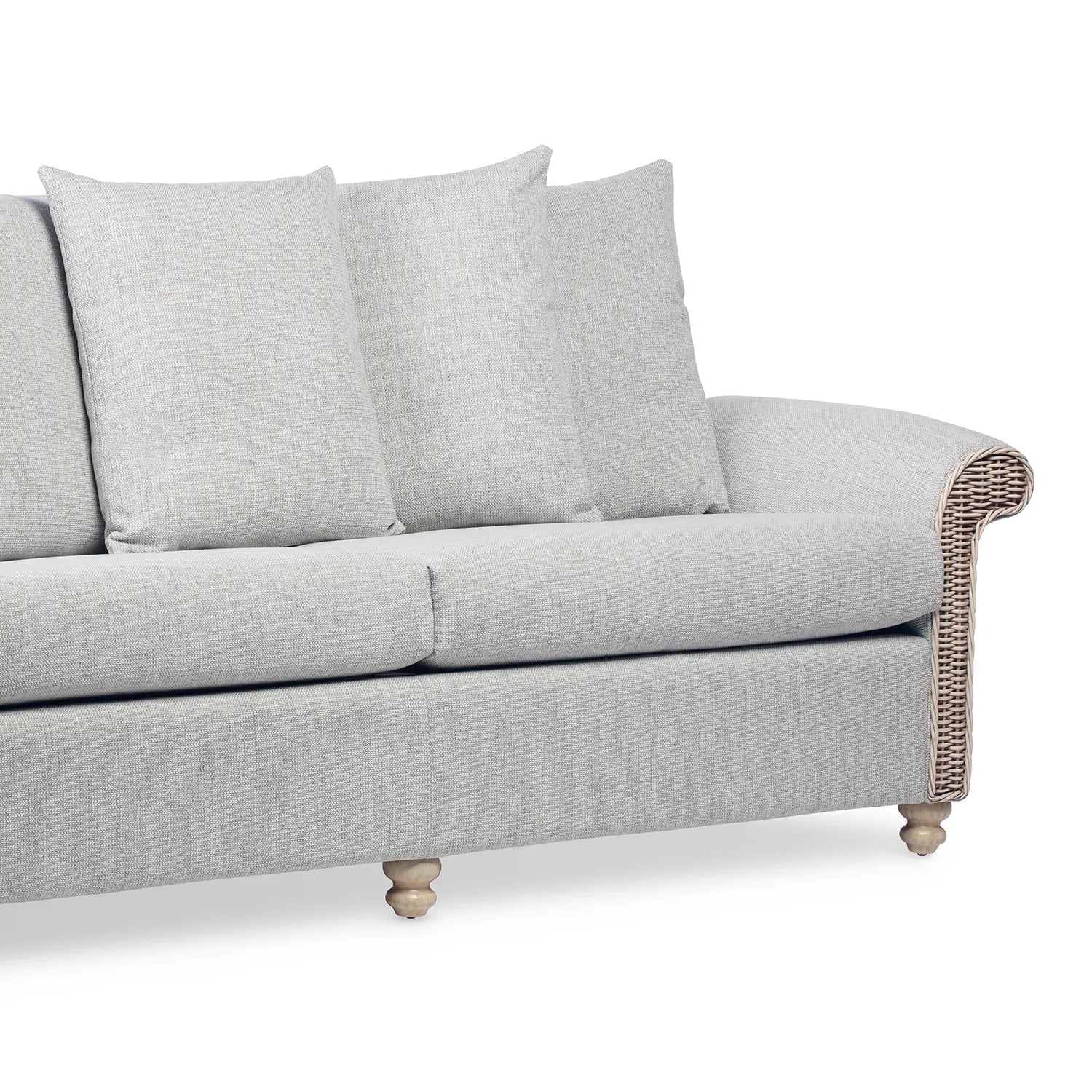 Desser Samford Rattan 3 Seater Sofa with Scatter Cushions in Pebble Fabric. Also available in 2 Seater, Swivel Chair, Swivel Rocker, Armchair and Footstool. Style with matching Coffee Table and Lamp Table. Choose from a variety of fabrics - Close Up of Foot Detail