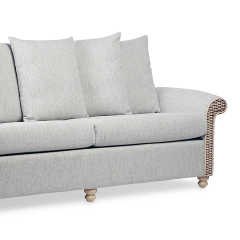 Desser Samford Rattan 3 Seater Sofa with Scatter Cushions in Pebble Fabric. Also available in 2 Seater, Swivel Chair, Swivel Rocker, Armchair and Footstool. Style with matching Coffee Table and Lamp Table. Choose from a variety of fabrics - Close Up of Foot Detail