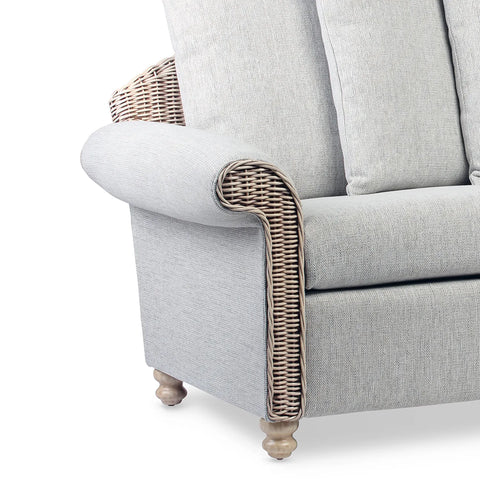 Desser Samford Rattan 3 Seater Sofa with Scatter Cushions in Pebble Fabric. Also available in 2 Seater, Swivel Chair, Swivel Rocker, Armchair and Footstool. Style with matching Coffee Table and Lamp Table. Choose from a variety of fabrics - Close Up of Armrest