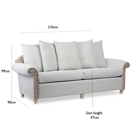 Desser Samford Rattan 3 Seater Sofa with Scatter Cushions in Pebble Fabric. Also available in 2 Seater, Swivel Chair, Swivel Rocker, Armchair and Footstool. Style with matching Coffee Table and Lamp Table. Choose from a variety of fabrics - Dimensions 