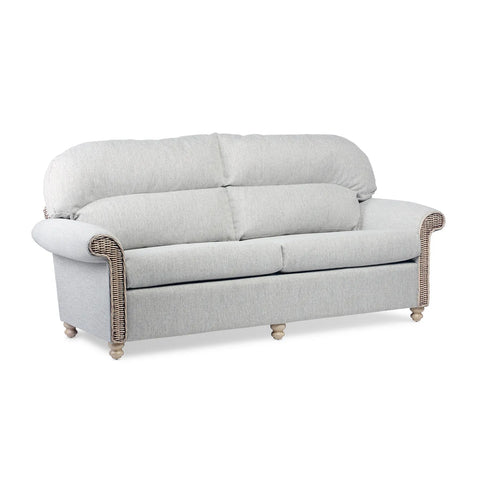 Desser Samford Rattan 3 Seater Sofa with Scatter Cushions in Pebble Fabric. Also available in 2 Seater, Swivel Chair, Swivel Rocker, Armchair and Footstool. Style with matching Coffee Table and Lamp Table. Choose from a variety of fabrics - Traditional Back Sofa 