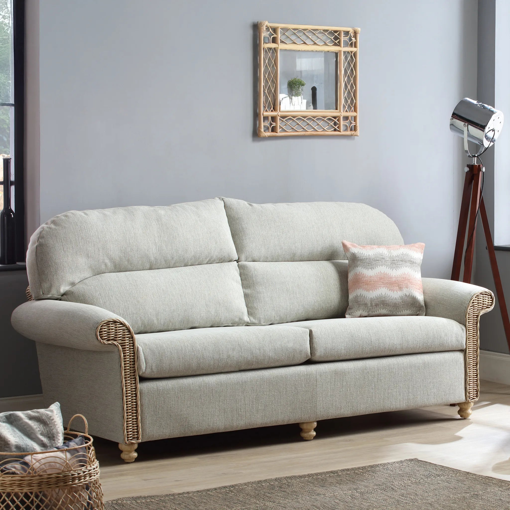 Desser Samford Rattan 3 Seater Sofa in Pebble Fabric. Also available in 2 Seater, Swivel Chair, Swivel Rocker, Armchair and Footstool. Style with matching Coffee Table and Lamp Table. Choose from a variety of fabrics - Close up of 3 Seater 