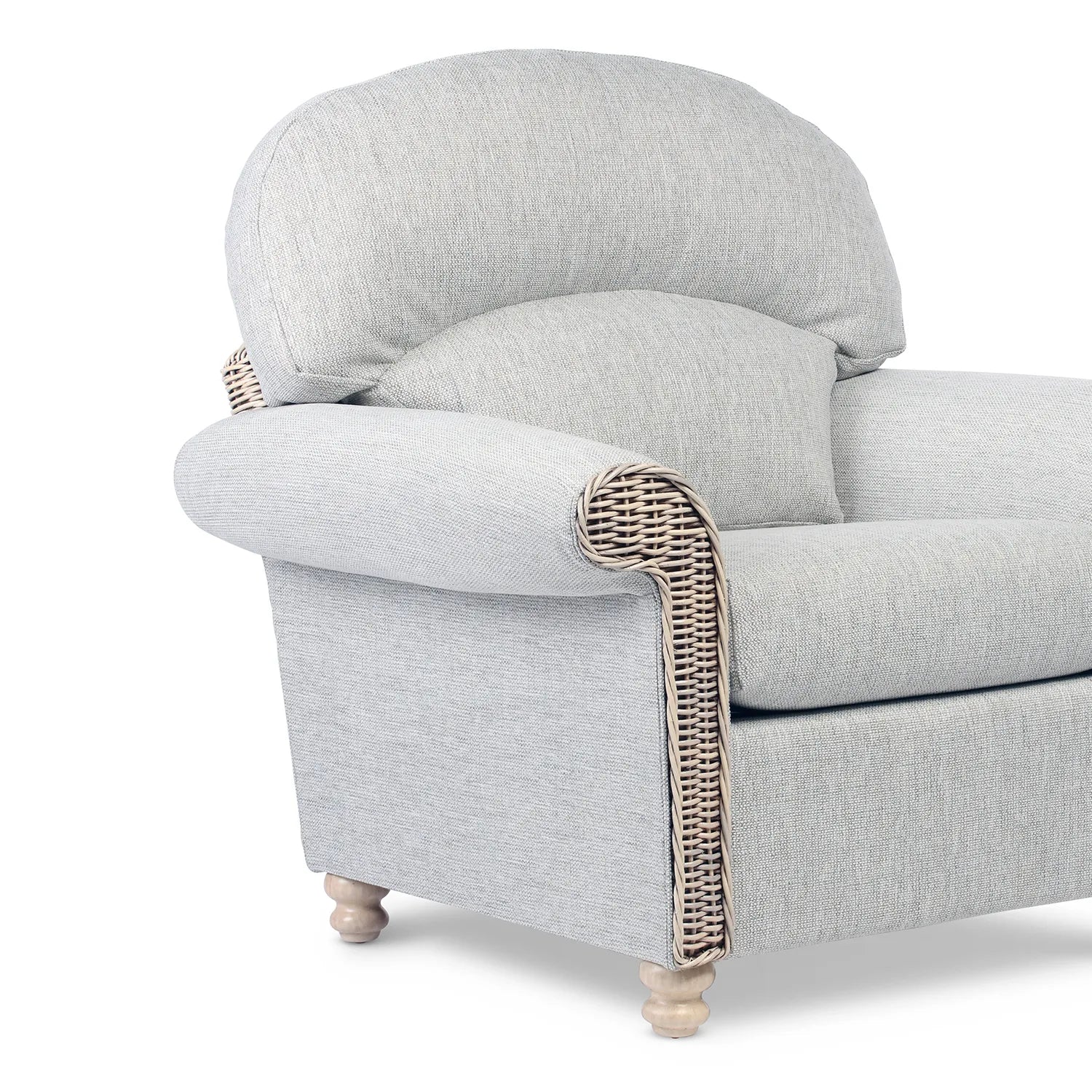Desser Samford Rattan Armchair in Pebble Fabric. Samford Collection also available in 3 Seater, 2 Seater, Swivel Chair, Footstool and Coffee Table and Lamp Table to give your conservatory modern elegance. Choose from a variety of fabrics - Close Up of Arm 
