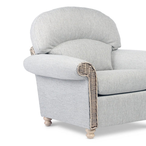 Desser Samford Rattan Armchair in Pebble Fabric. Samford Collection also available in 3 Seater, 2 Seater, Swivel Chair, Footstool and Coffee Table and Lamp Table to give your conservatory modern elegance. Choose from a variety of fabrics - Close Up of Arm 