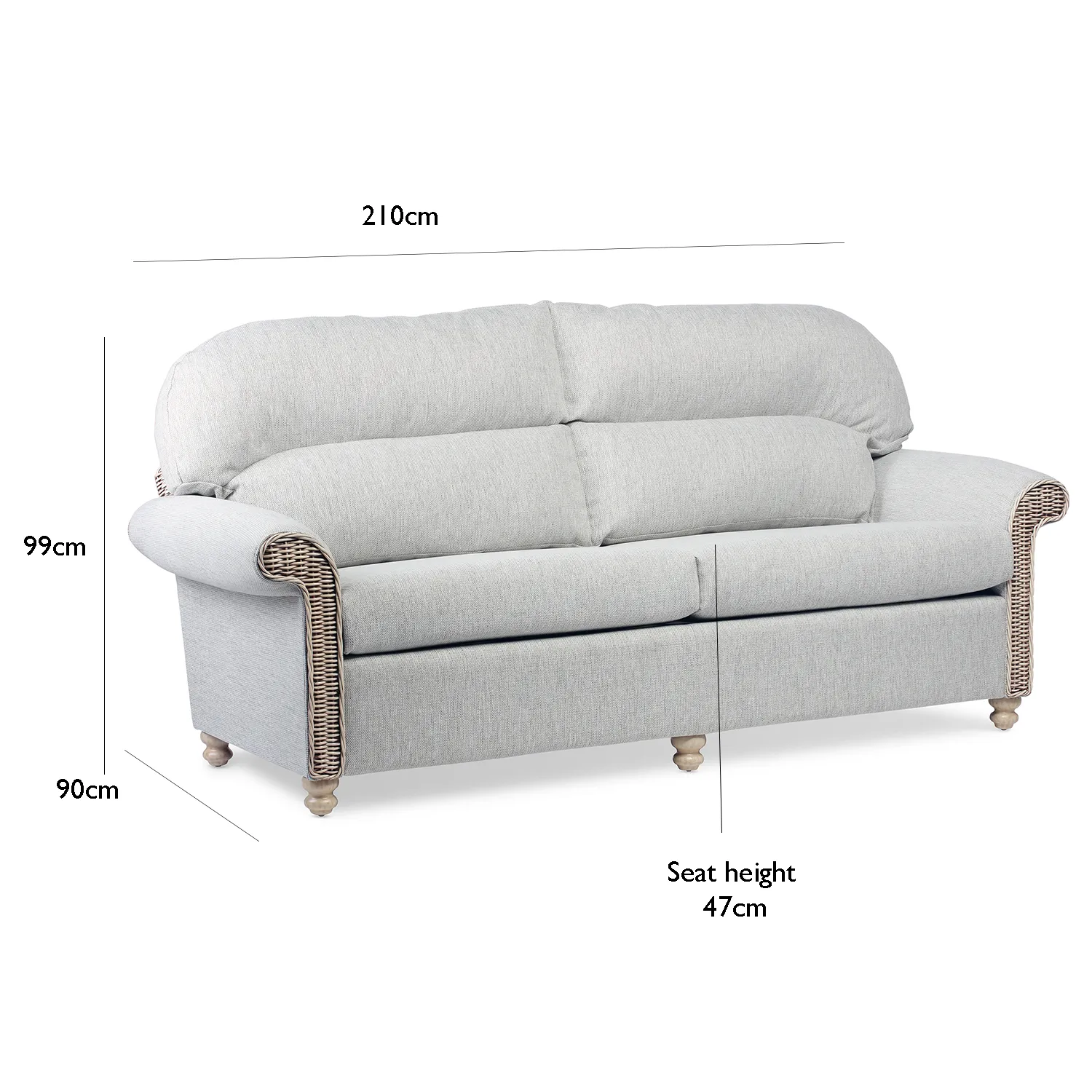 Desser Samford Rattan 3 Seater Sofa in Pebble Fabric. Also available in 2 Seater, Swivel Chair, Swivel Rocker, Armchair and Footstool. Style with matching Coffee Table and Lamp Table. Choose from a variety of fabrics - Close up of 3 Seater - Dimensions 