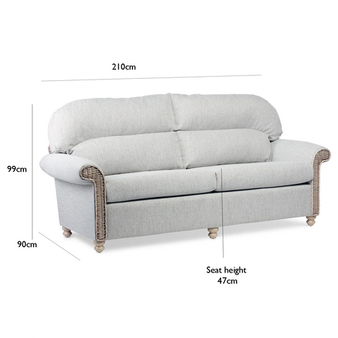 Desser Samford Rattan 3 Seater Sofa in Pebble Fabric. Also available in 2 Seater, Swivel Chair, Swivel Rocker, Armchair and Footstool. Style with matching Coffee Table and Lamp Table. Choose from a variety of fabrics - Close up of 3 Seater - Dimensions 