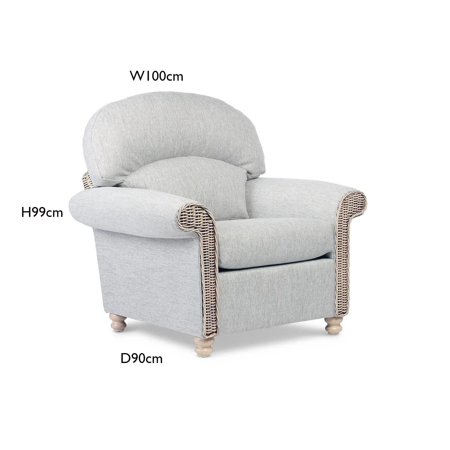 Desser Samford Rattan Armchair in Pebble Fabric. Samford Collection also available in 3 Seater, 2 Seater, Swivel Chair, Footstool and Coffee Table and Lamp Table to give your conservatory modern elegance. Choose from a variety of fabrics - Dimensions 