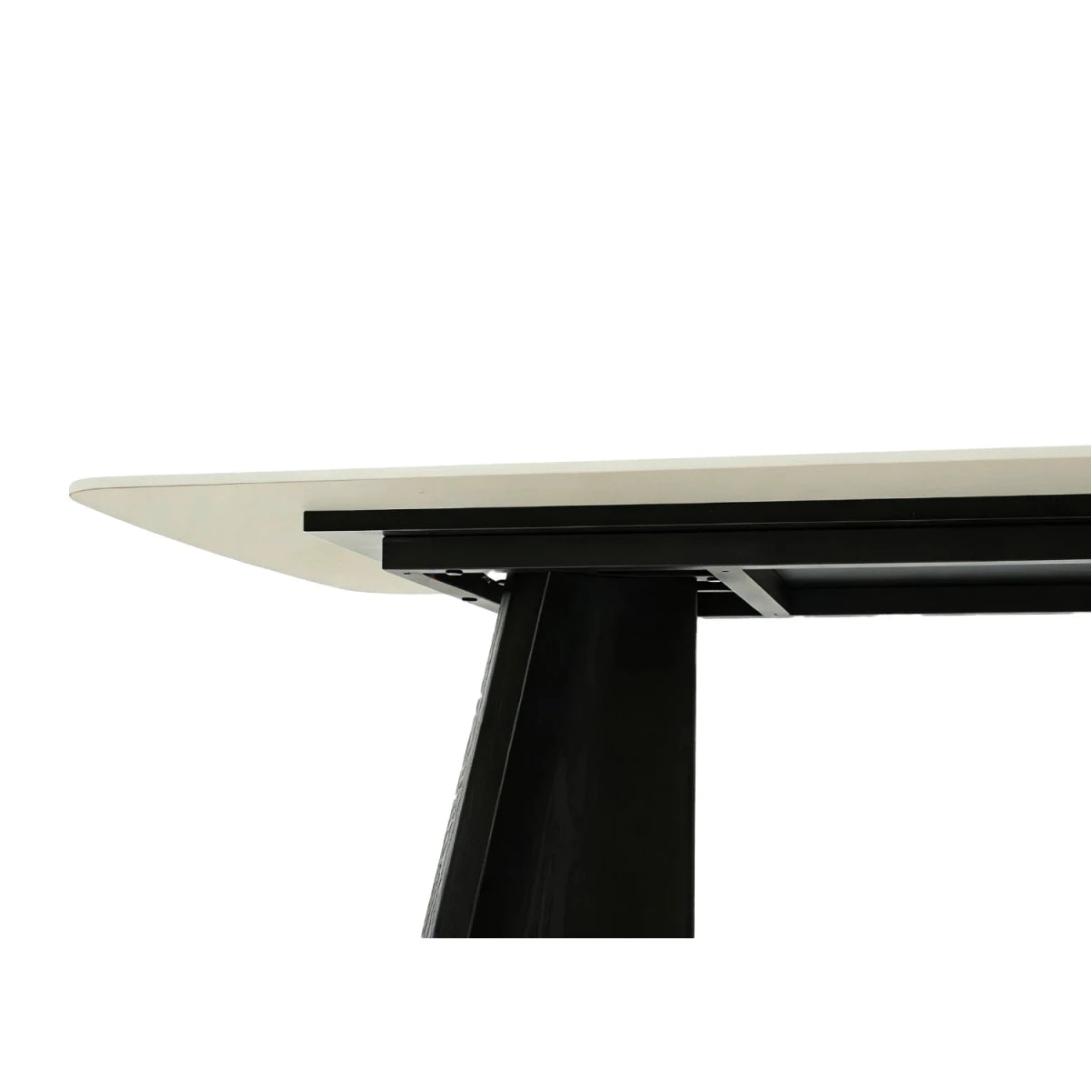 Close-up of a modern dining table with a Grey top and black metal legs on a white background