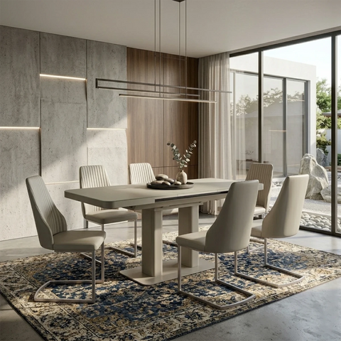 Susan extending dining table with Milan cantilever dining chairs. Stylish modern dining set with drop leaf extension.