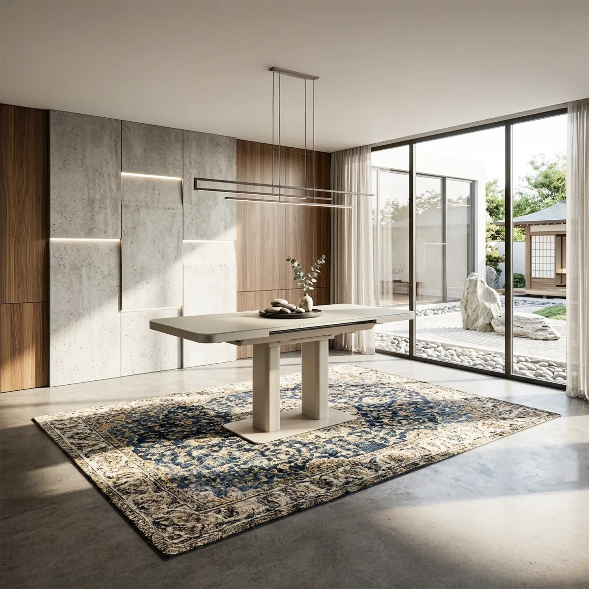 Susan extending dining table in cashmere finish with drop-leaf extension. Stylish 120–160cm modern dining table.