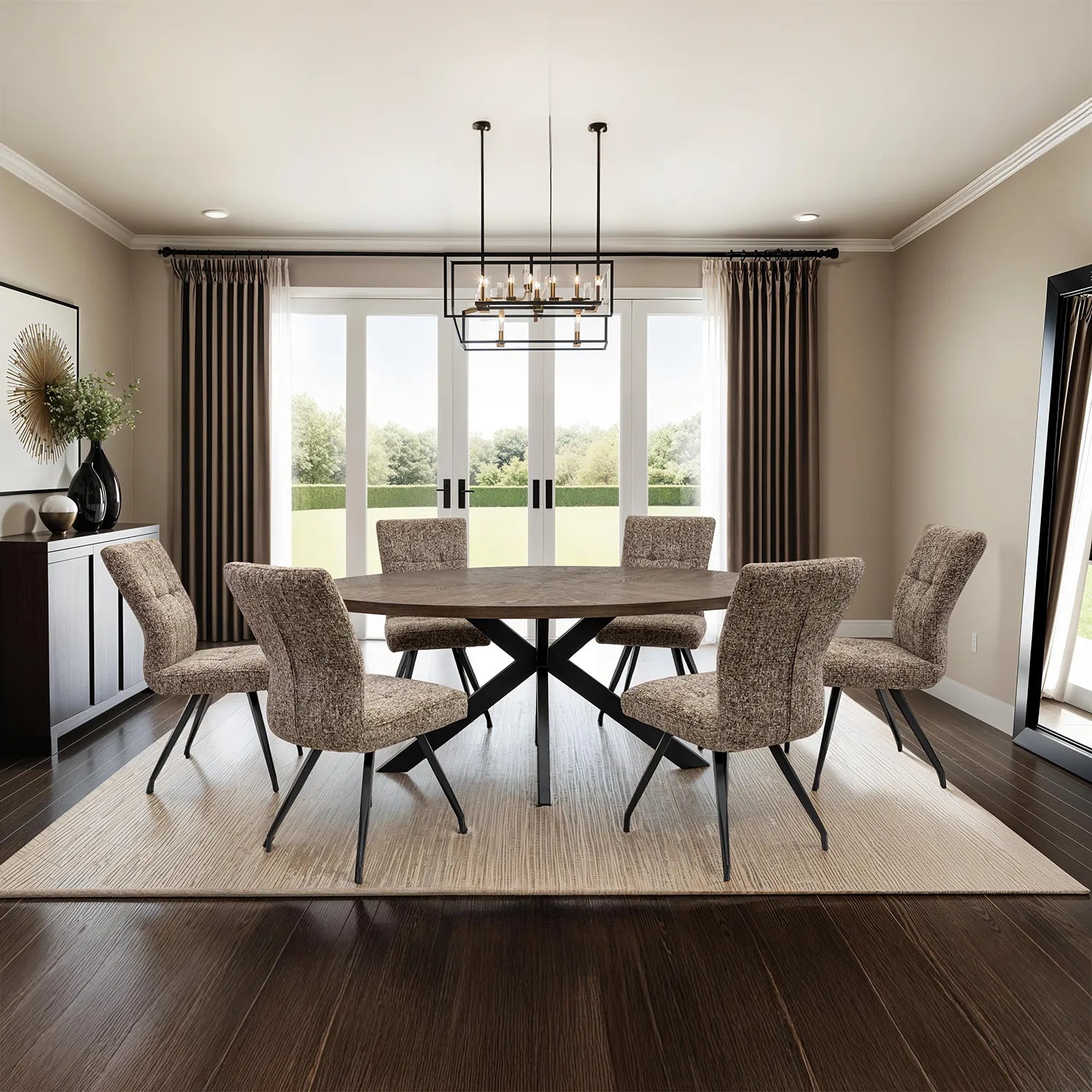 Sussex Dark Oak Dining Table with 6 Ellison Fabric Chairs - Pendle Village Furniture