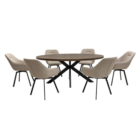 Sussex Dark Oak Dining Table with 6 Sorento Stone Fabric Chairs - Pendle Village Furniture