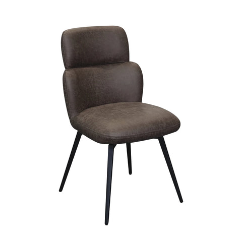A modern upholstered dining chair with a textured dark brown PU Leather fabric seat and backrest, supported by four slim black metal legs, shown against a plain white background.