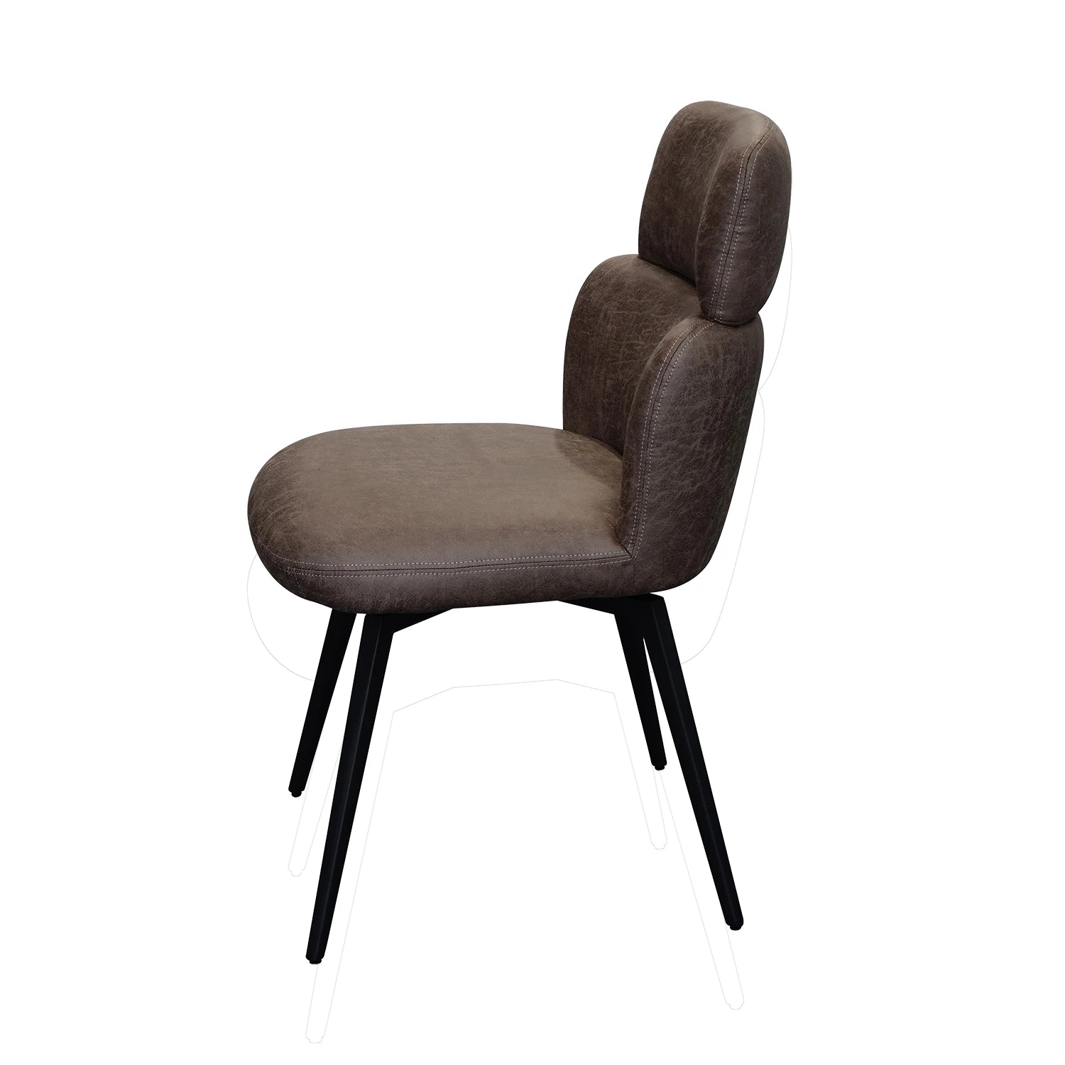 A modern dining chair with a textured brown upholstered seat and a matching contoured backrest, supported by four tapered black metal legs, shown against a plain white background.