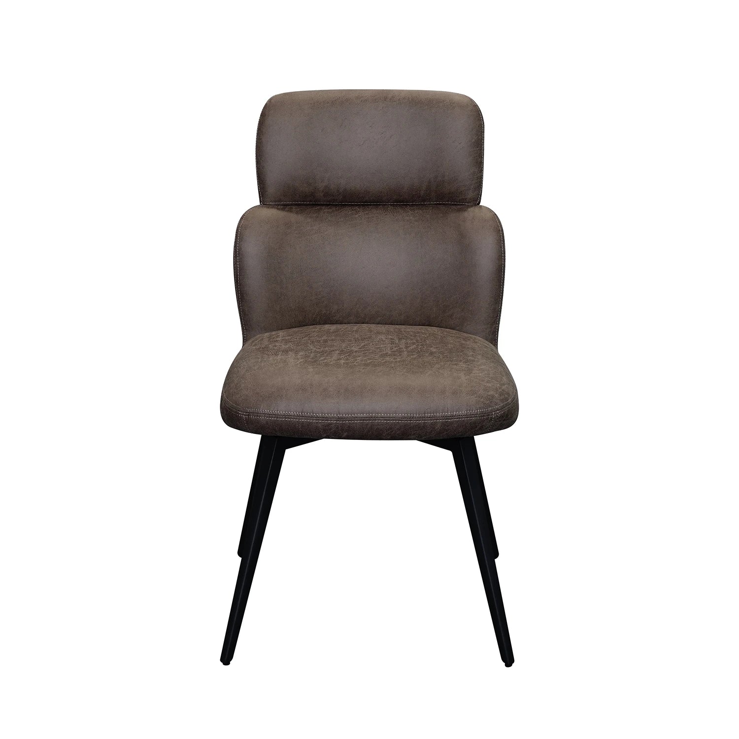 A modern upholstered dining chair with a textured brown fabric seat and backrest, supported by four tapered black metal legs, shown against a plain white background.