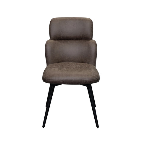 A modern upholstered dining chair with a textured brown fabric seat and backrest, supported by four tapered black metal legs, shown against a plain white background.