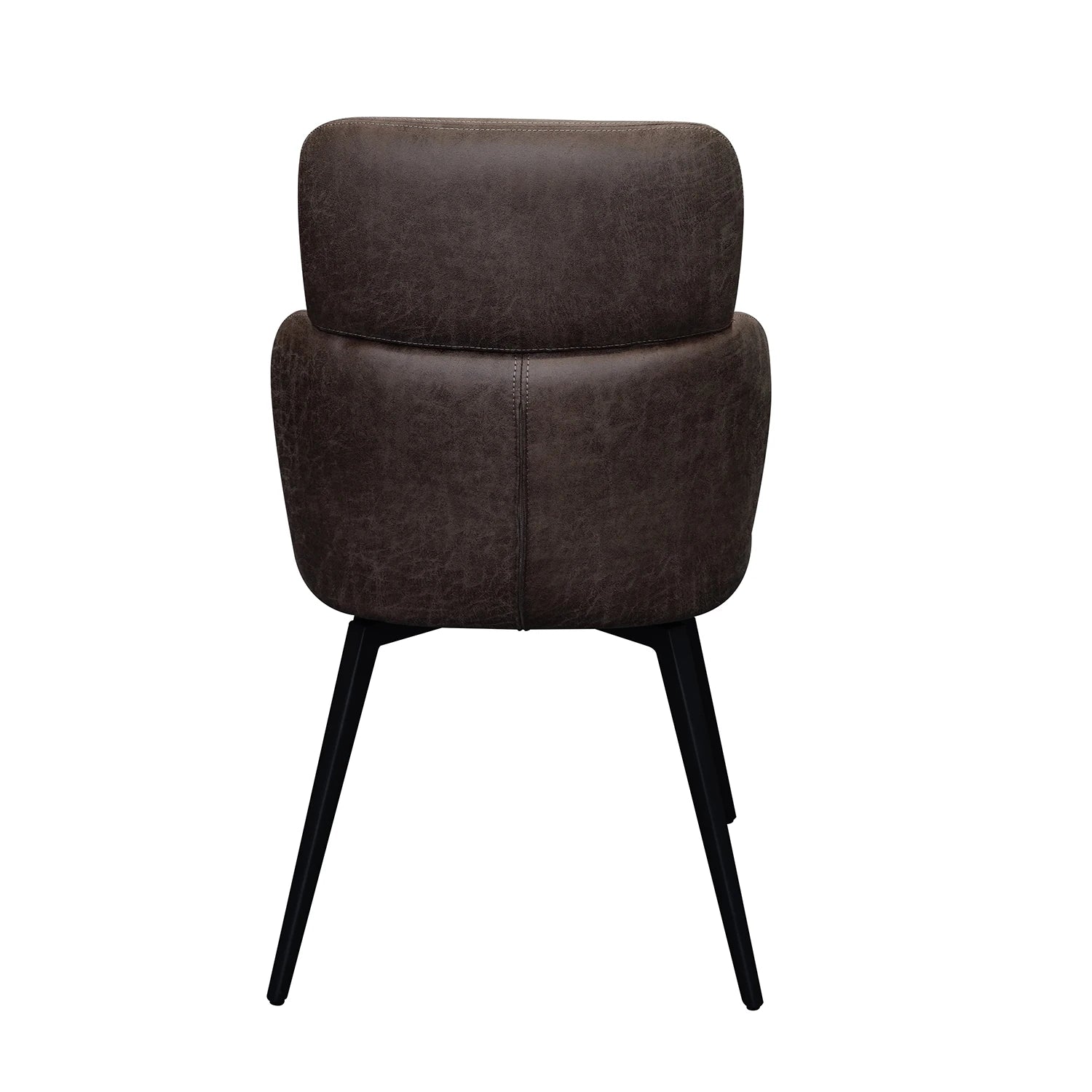A modern upholstered dining chair with a rounded backrest and armrests, upholstered in dark brown textured faux leather, supported by four tapered black metal legs, shown from a straight-on perspective against a plain white background.