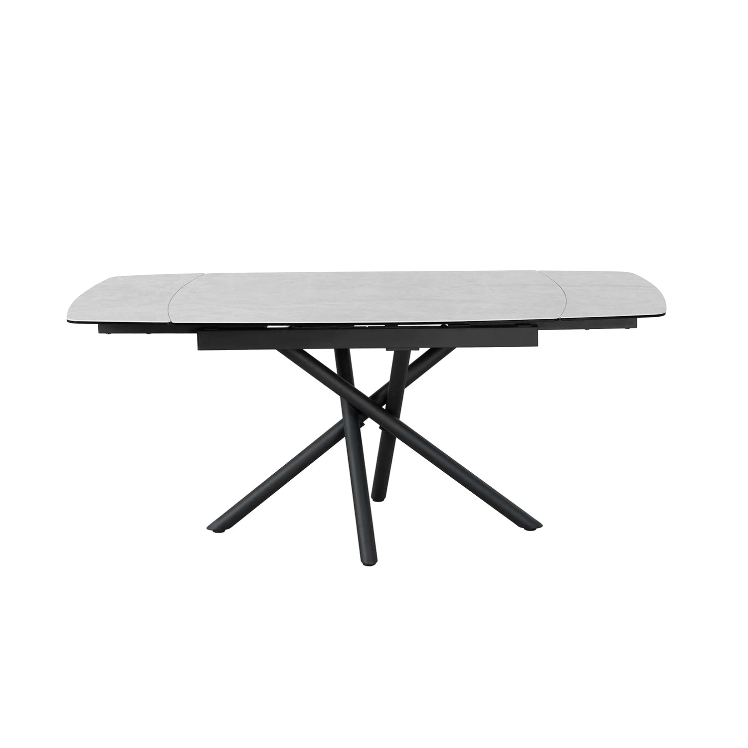 Modern matte white ceramic extending table with natural veining, Black Metal Legs