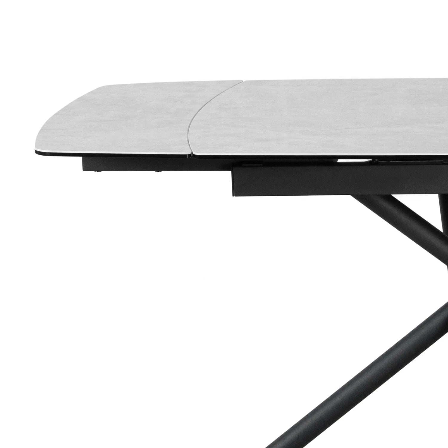 Close up of Sydney white ceramic extending dining table with designer base