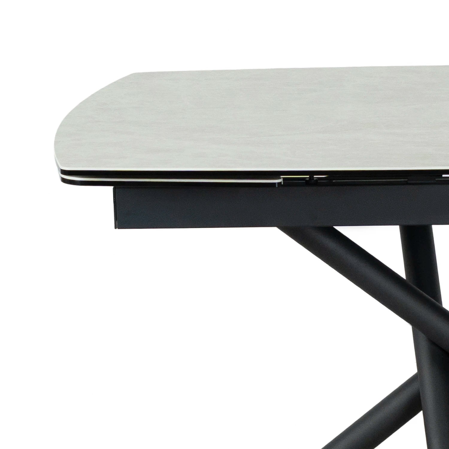 Sydney white ceramic extending dining table with designer base with Rounded Edges