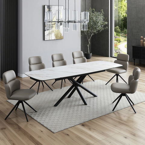 Sydney white ceramic extending dining table with designer base with swivel Chairs