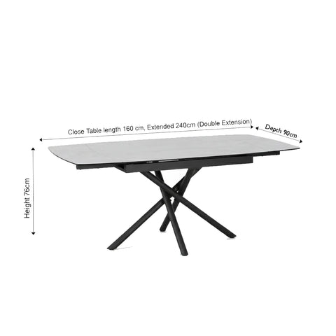 Sydney white ceramic extending dining table with designer base with Dimensions on white background