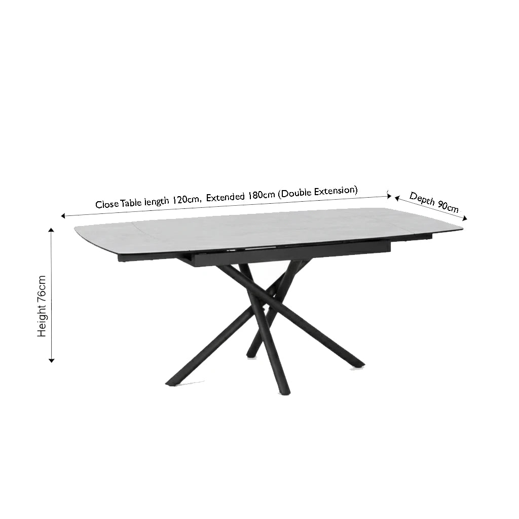 Compact white ceramic dining table extending from 1.2M to 1.8M. with Dimensions on white background