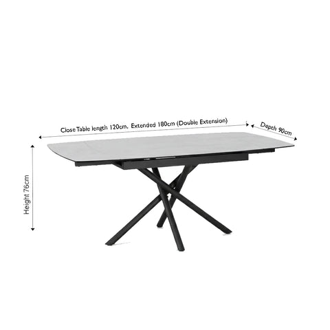 Compact white ceramic dining table extending from 1.2M to 1.8M. with Dimensions on white background