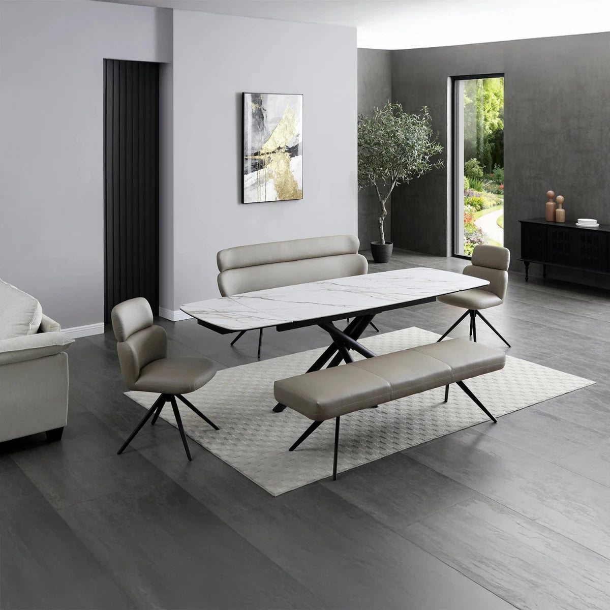 Sydney Marble Effect Dining Table with Bench and Chairs Set 160–240cm