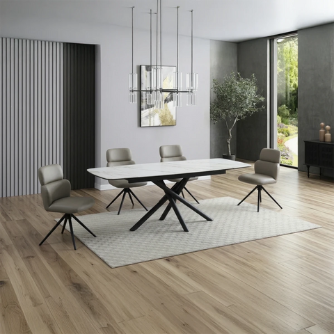 Small White Ceramic Extending Dining Table with 4 Swivel Dining Chairs