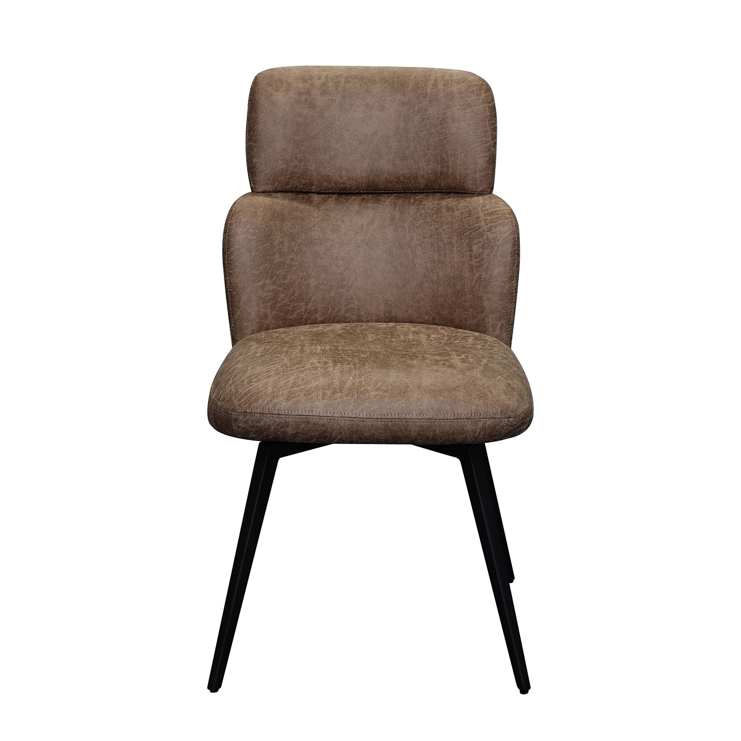 A modern tan PU leather upholstered dining chair with a distressed brown fabric seat and backrest, supported by four tapered black metal legs, shown against a plain white background.
