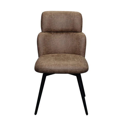 A modern tan PU leather upholstered dining chair with a distressed brown fabric seat and backrest, supported by four tapered black metal legs, shown against a plain white background.