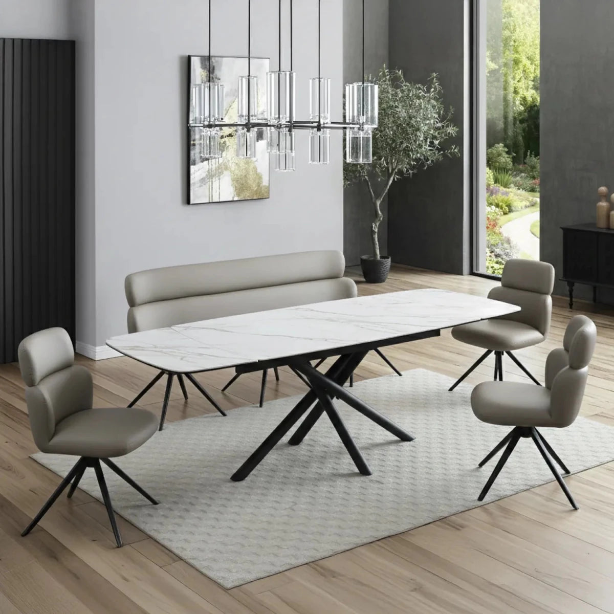 Sydney Taupe Faux Leather High Back Dining Bench with Dining Table and Matching Dining Chairs 
