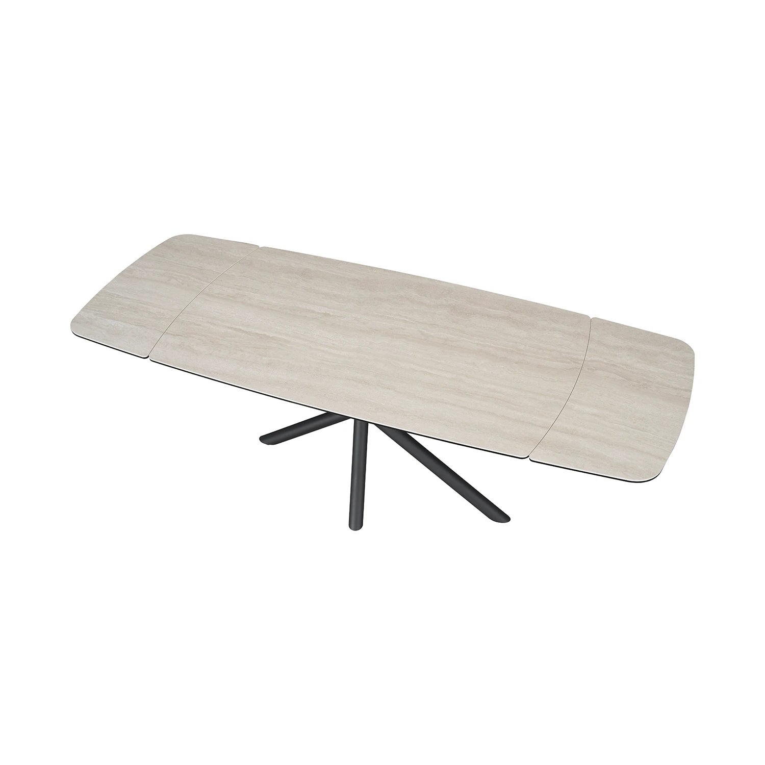 An extendable rectangular dining table with Travertine top and a black metal tripod base, shown on a solid white background.