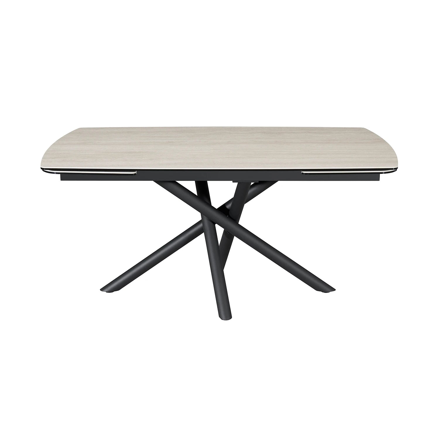 A modern rectangular dining table with a Travertine Ceramic top and a black metal X-shaped pedestal base, shown on a solid white background.