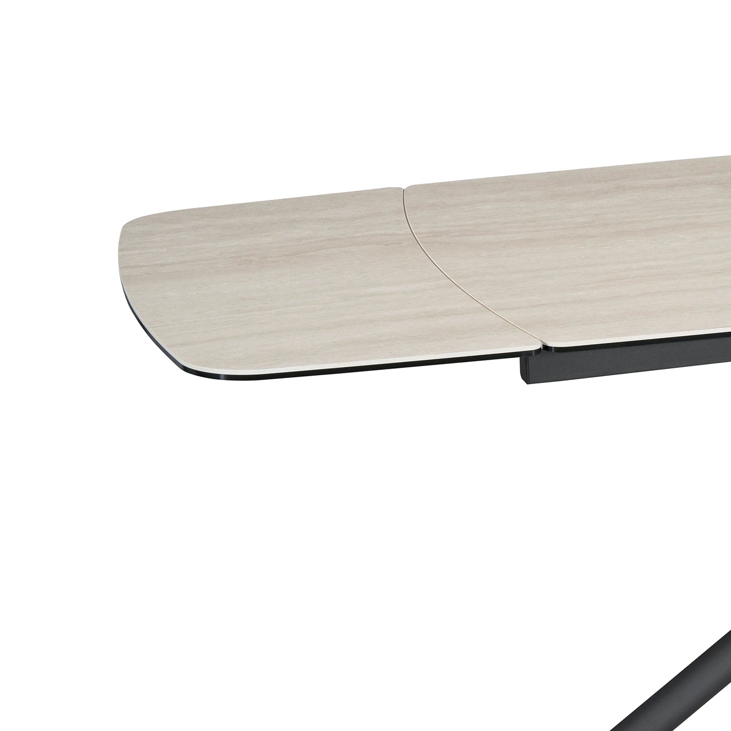 Close-up of a Skelton Travertine extendable table top with a black metal frame leg, shown on a solid white background.