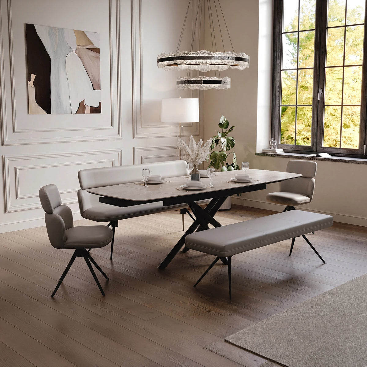 Sydney Travertine Ceramic Extending Dining Table with Bench & Chairs