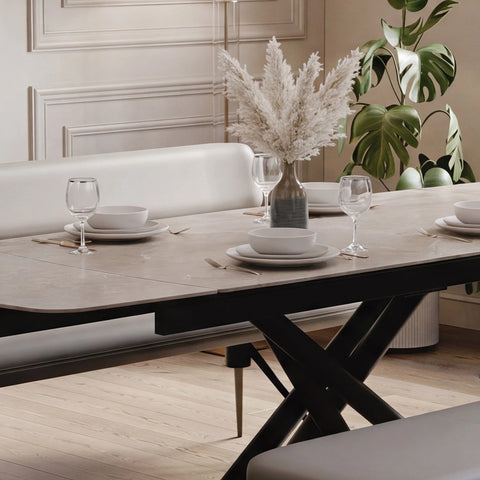 Sydney Warm Mocha Ceramic Extending Dining Table with Bench & Chairs