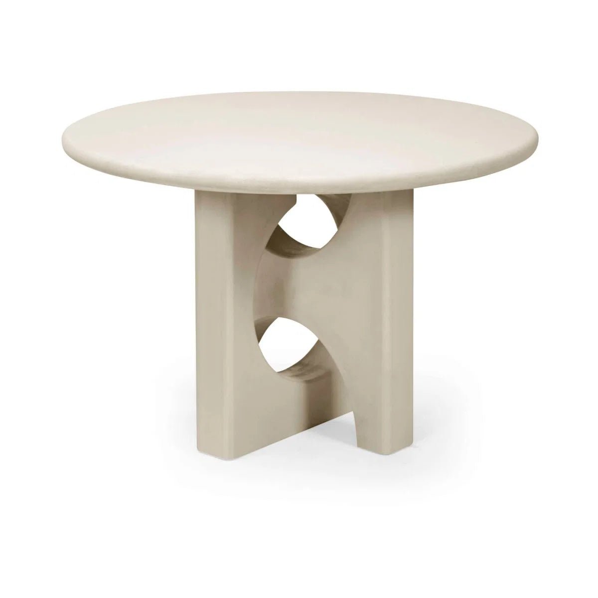 Thyro 120cm Round Concrete Effect Dining Table. Featuring a sculptural arch pedestal base and contemporary stone-inspired finish. Seats 4.