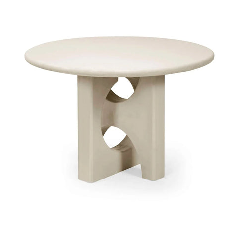 Thyro 120cm Round Concrete Effect Dining Table. Featuring a sculptural arch pedestal base and contemporary stone-inspired finish. Seats 4.