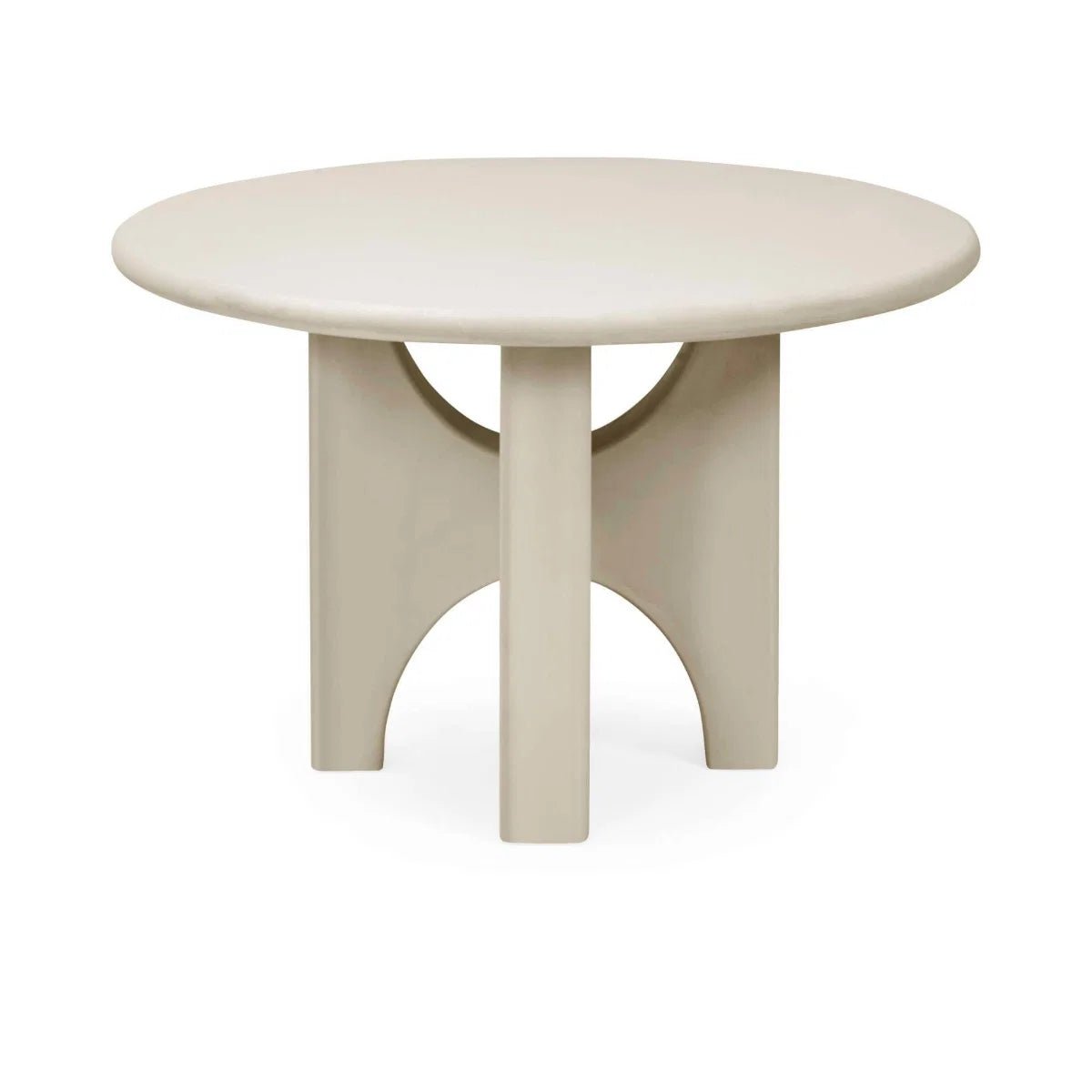 Thyro 120cm Round Concrete Effect Dining Table. Featuring a sculptural arch pedestal base 