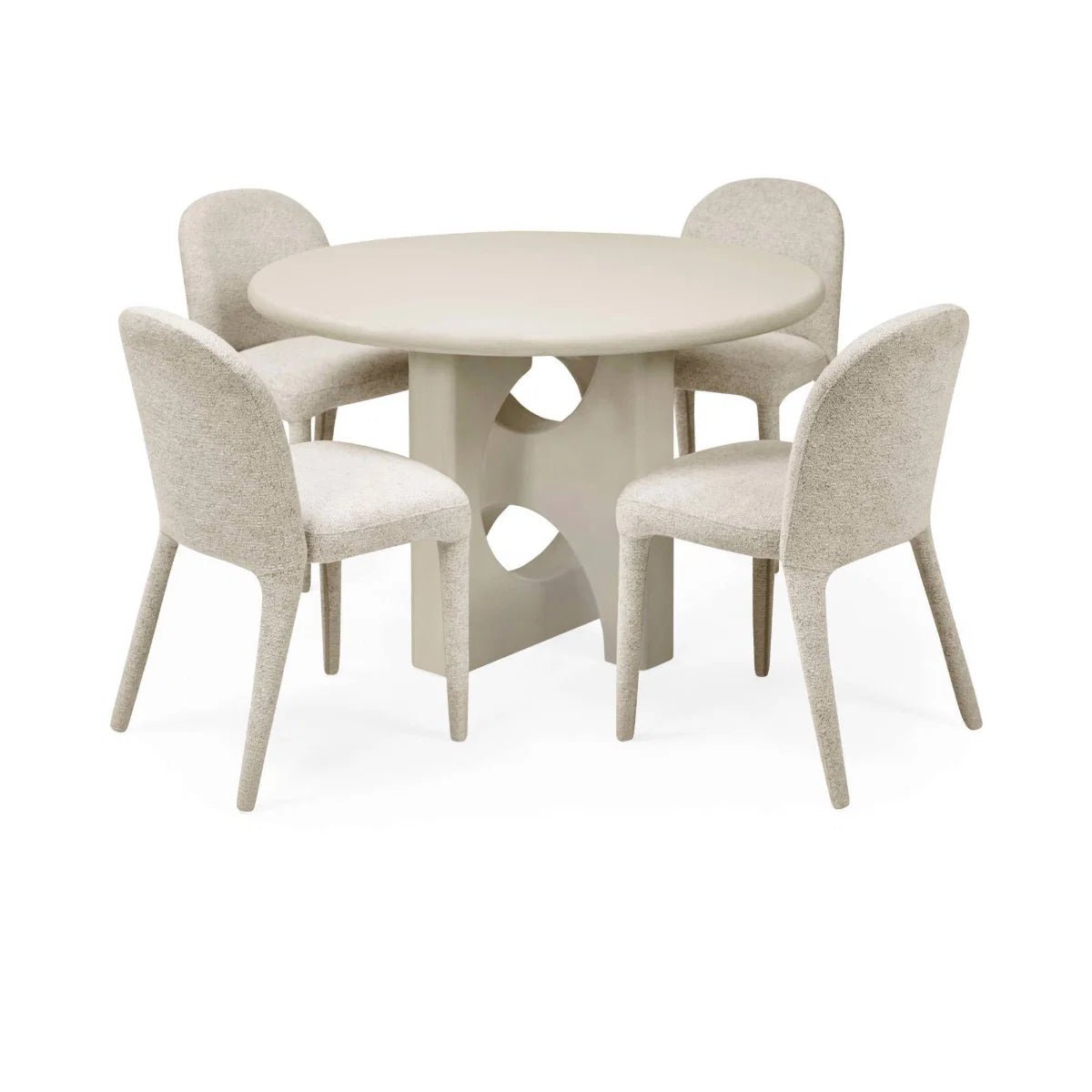 Thyro 120cm Round Concrete Effect Dining Table. Featuring a sculptural arch pedestal base and Fabric chairs