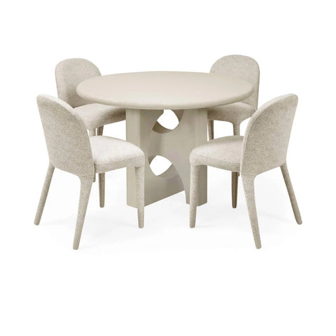 Thyro 120cm Round Concrete Effect Dining Table. Featuring a sculptural arch pedestal base and Fabric chairs