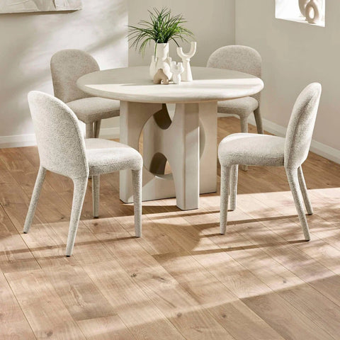 Thyro 120cm Round Concrete Effect Dining Table. Featuring a sculptural arch pedestal base with Chairs Set