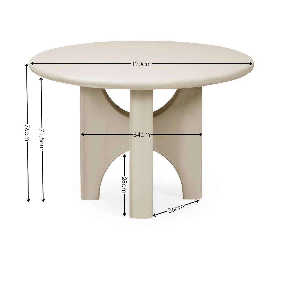 Thyro 120cm Round Concrete Effect Dining Table. Featuring a sculptural arch pedestal base with Dimensions displayed on a white background