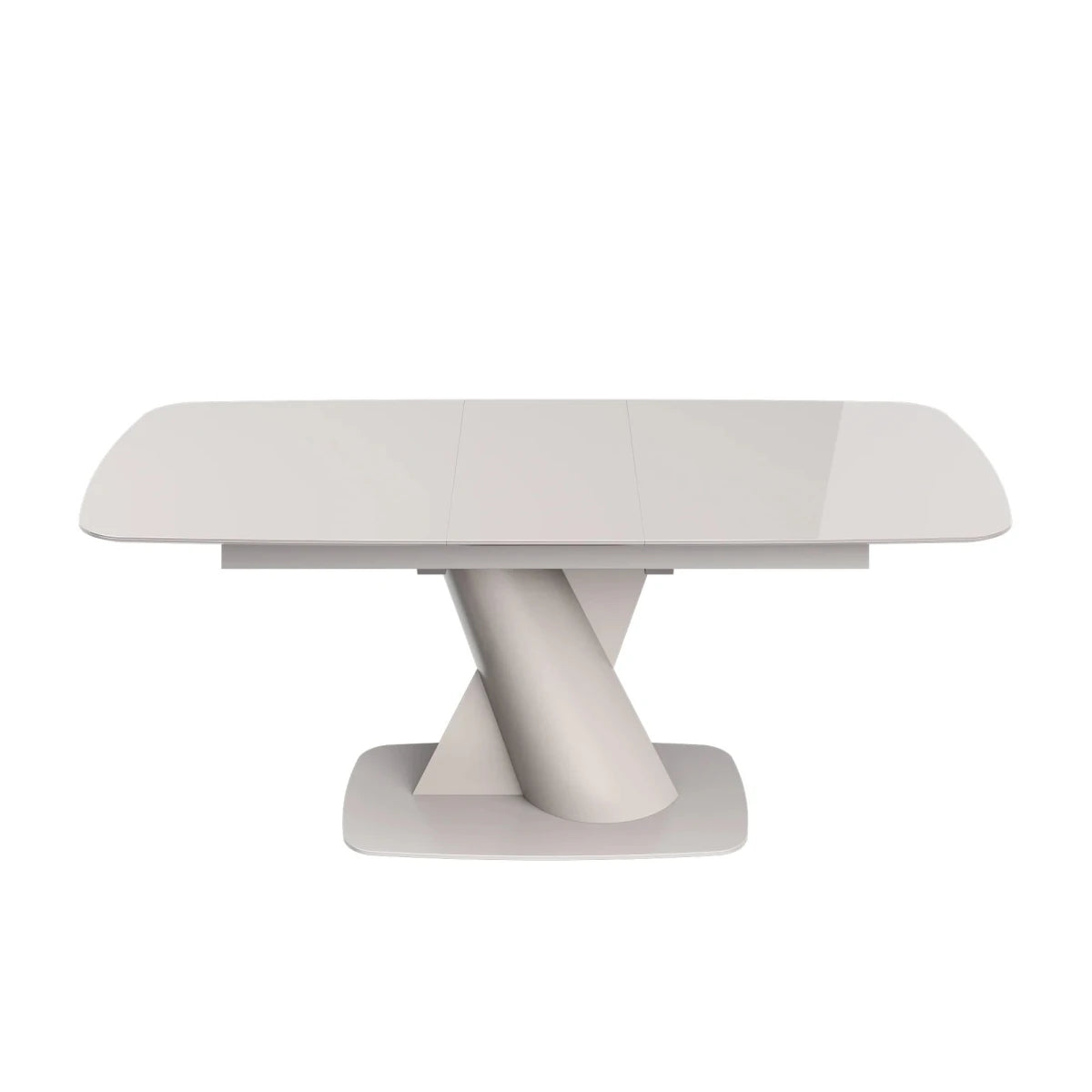 Taupe pedestal dining table with tempered glass surface 