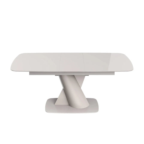 Taupe pedestal dining table with tempered glass surface 