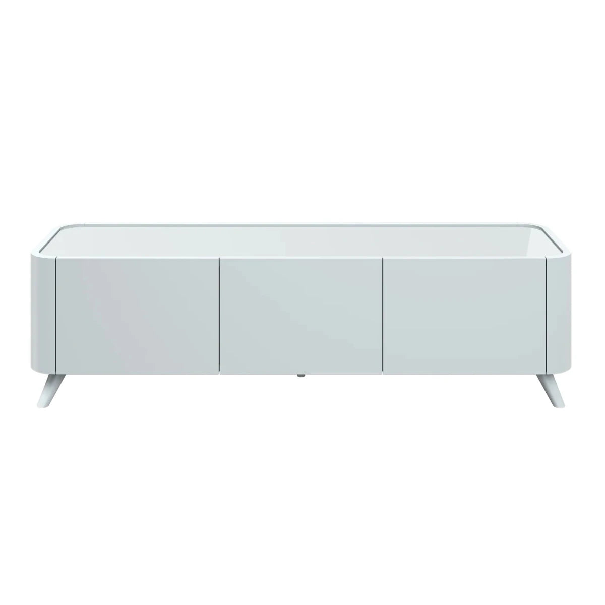 Modern Lorenzano Light Grey TV unit with soft-close doors and tempered glass overlay top. Stylish storage solution for contemporary living rooms.